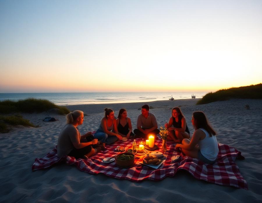 A picnic on a quiet beach at dusk