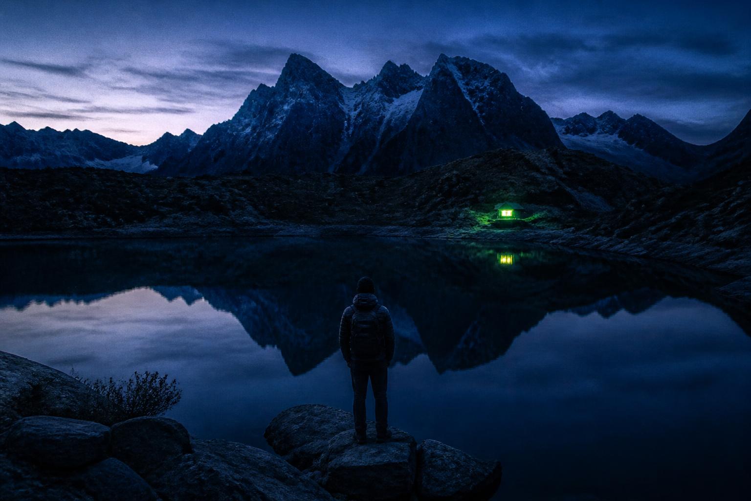 A lone traveler stands before a mirror-still mountain lake at twilight, with jagged peaks reflected in indigo water and a single lime cabin light glowing across the shore