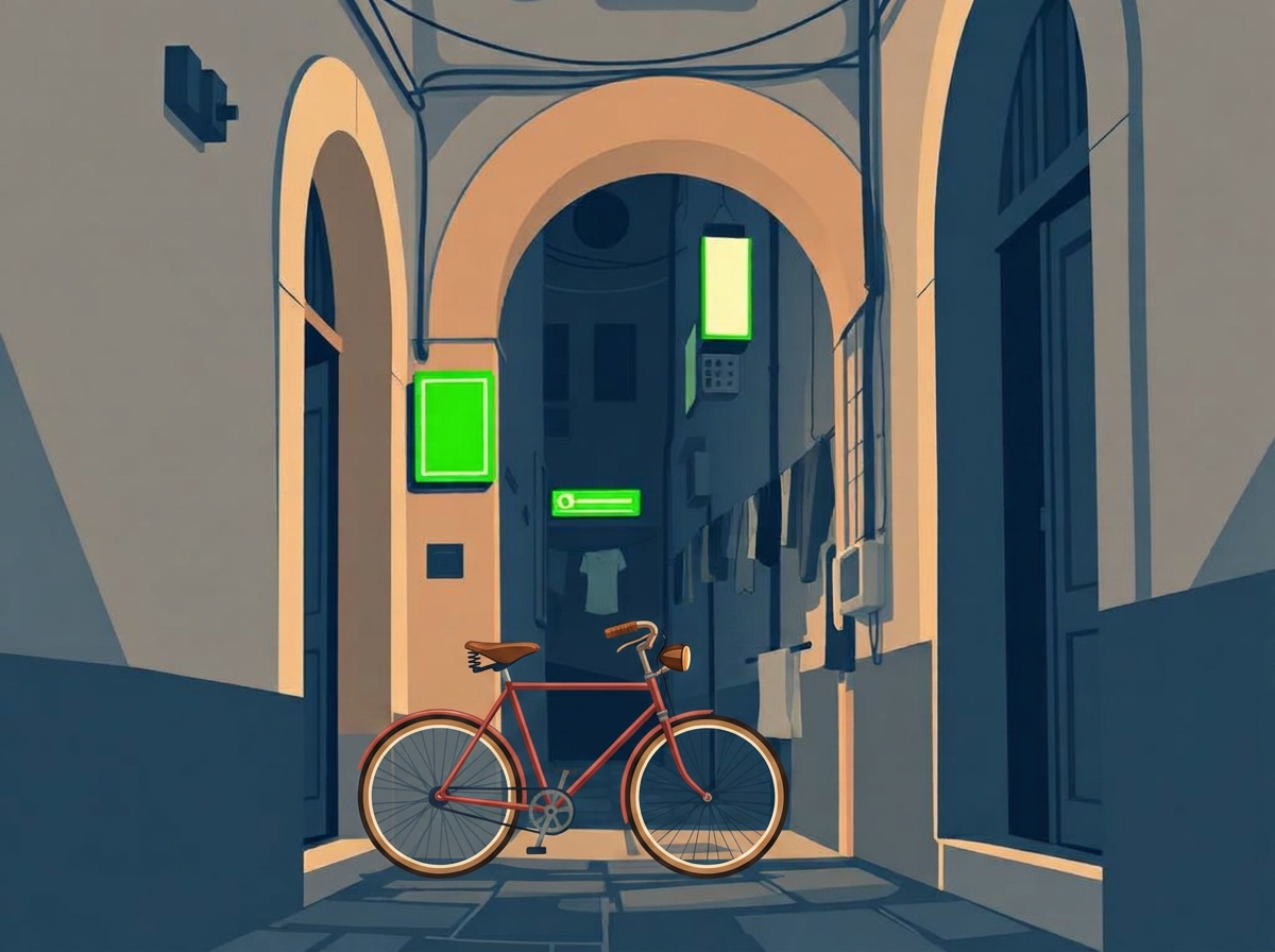Screen-print style illustration of a narrow old-town alley with arches, a bicycle and hanging laundry in indigo tones with a lime neon sign